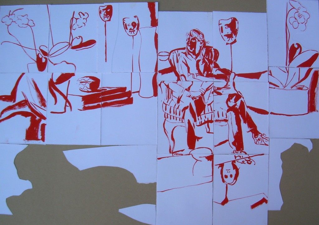 Dialogue-avec-trois-masques.-2012.-Gouache-rouge-papier-collé.-75x52-cm.