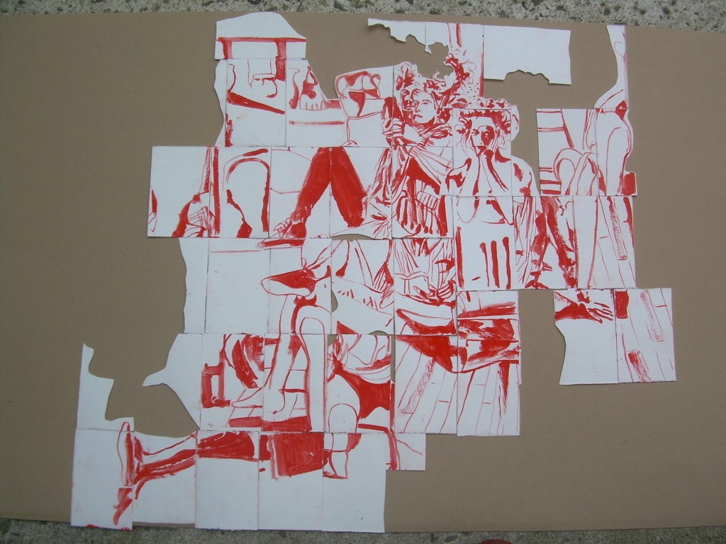 Impatience-de-la-fiancée-voyageuse.-2013.-Gouache-rouge-papier-collé.-70x79-cm.