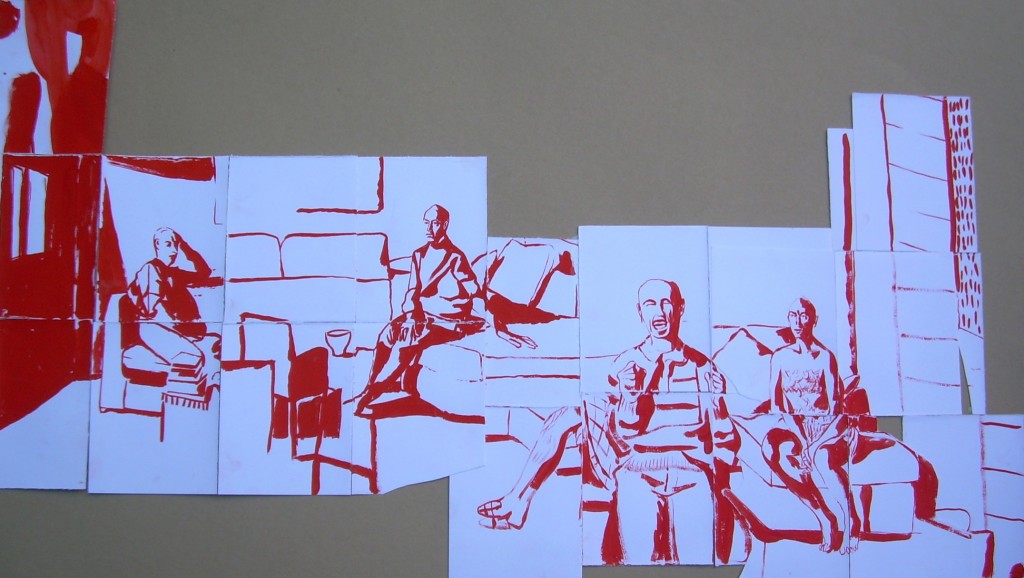 Je-veux-sortir.-Il-faut-que-je-sorte.-2012.-Gouache-rouge-papier-collé.-65x103-cm.