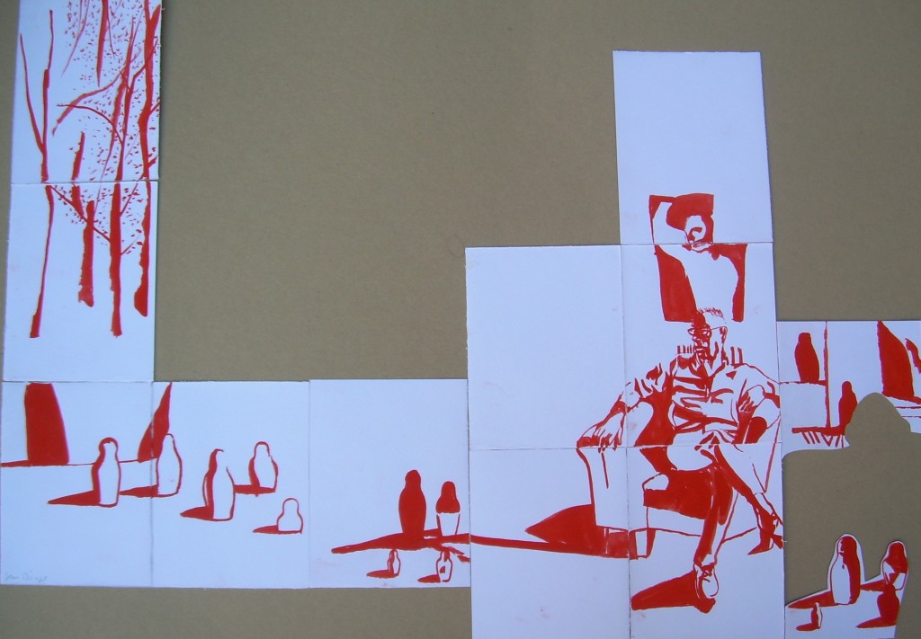 Laprès-midi-dun-russe.-2012.-Gouache-rouge-papier-collé.-87x32-cm.