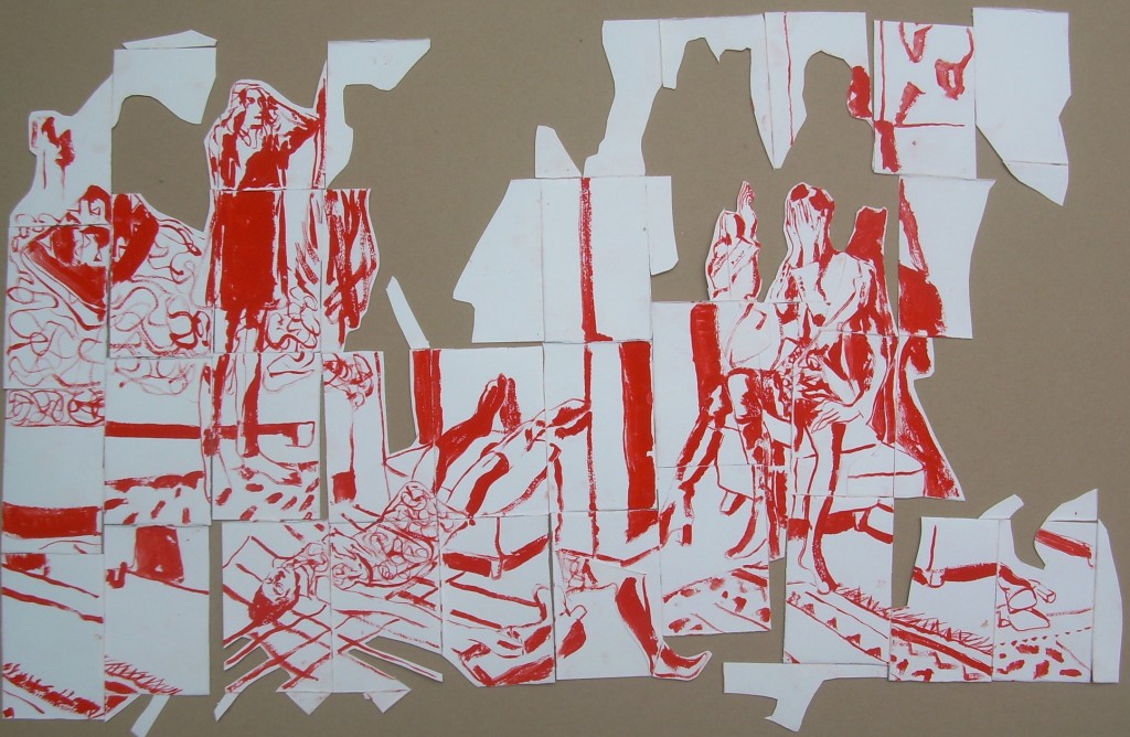 Pourtant-deux-minutes-avant-tout-allait-bien.-2013.-Gouache-rouge-papier-collé.-86x56-cm1