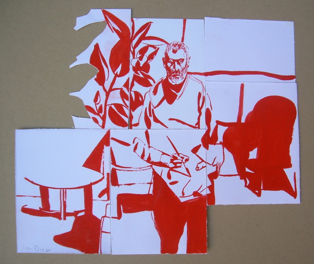 Suis-je-éveillé-suis-je-endormi.-2013.-Gouache-rouge-papier-collé.-37x32-cm.